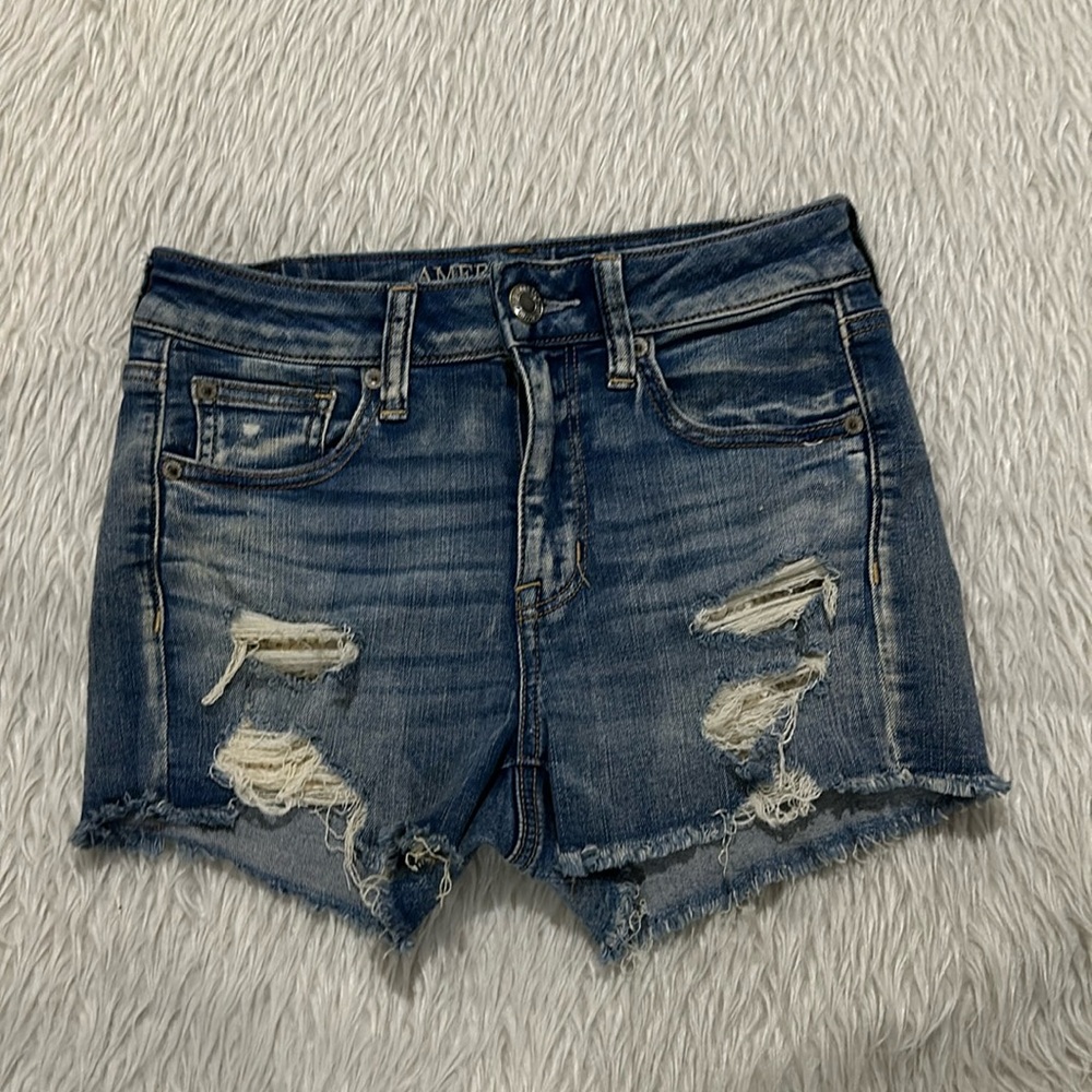 American eagle high rise shorties blue denim distressed lace shorts size 4